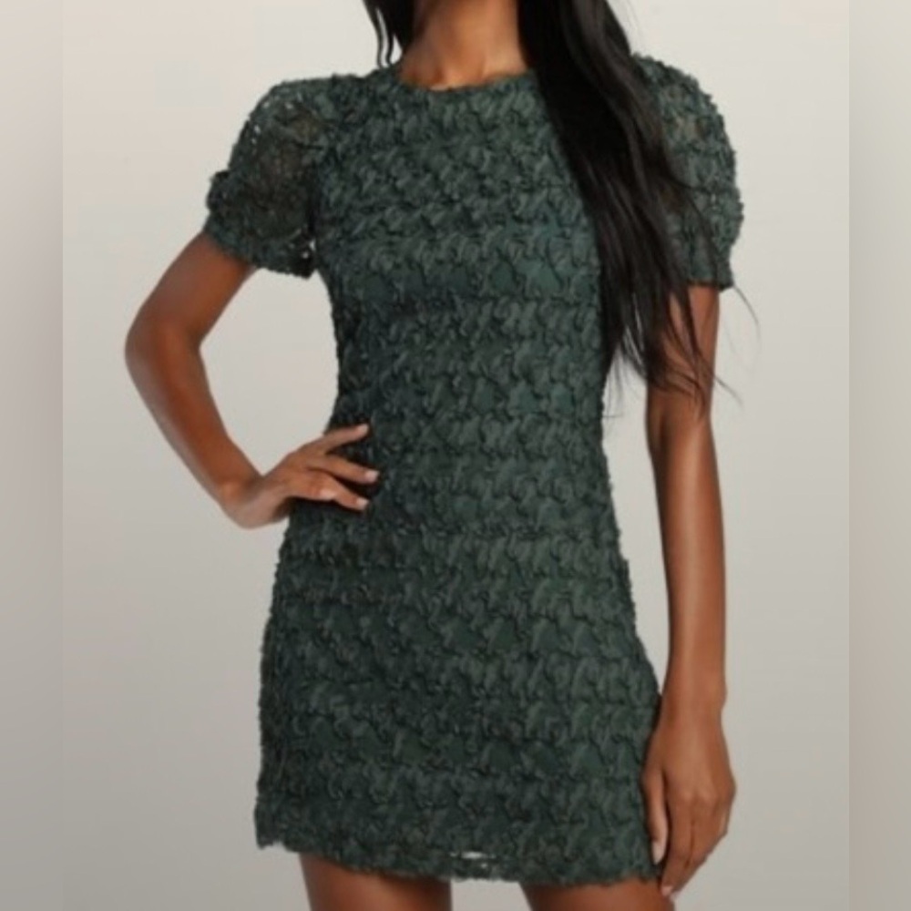 Lulu's Dark Green Textured Short Sleeve Mini Dress